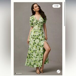 BHLDN Puff-Sleeve Bow-Front V-Neck Maxi Dress